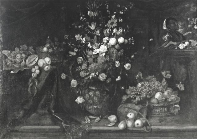 A. C. Cooper — Ijkens Frans - sec. XVII - Natura morta con vaso di fiori, cesti di frutta, ortaggi e figure — insieme
